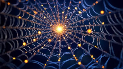 Poster - Glowing spider web with pulsating light center against dark background