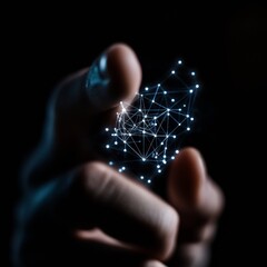 Leinwandbilder - Holographic Network Interface Hand Navigating Virtual Grid of Luminous Nodes - Tech Industry Visualization and Digital Innovation for Business Optimization