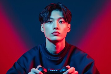 Poster - Neon Gaming Realm Focused Pro Gamer in LED-Illuminated Studio - Cutting-Edge Content Creation and E-Sports Marketing for Gen-Z and Millennial Engagement