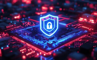 Poster - Digital Security Concept with Shield Icon on Circuit Board Surface Representing Cyber Protection in a Futuristic Technology Environment