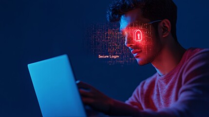 Fototapete - Modern Cybersecurity in Tech-Driven Workspace Young Indian Male with Laptop, Secure Login Interface and Digital Code Overlay for Online Business Protection