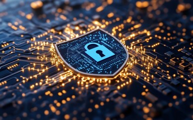 Poster - Digital security shield with glowing lines and circuit patterns representing technology, data protection, and online safety in a modern digital environment