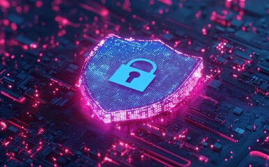 Poster - Digital Shield with Lock Symbol on Circuit Board Background Representing Cybersecurity and Data Protection in a Modern Technology Environment