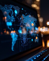 Fototapete - Dynamic Global Connectivity Display Digital Map Interface with Futuristic Data Points on LED Screen - Advanced Tech Solutions for Business Intelligence and Data Visualization
