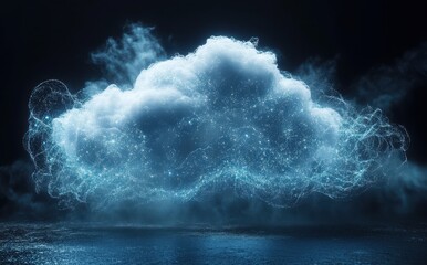 Poster - Ethereal Cloud with Glowing Particles and Light Trails in a Dark Digital Atmosphere, Representing Technology and Data Connectivity