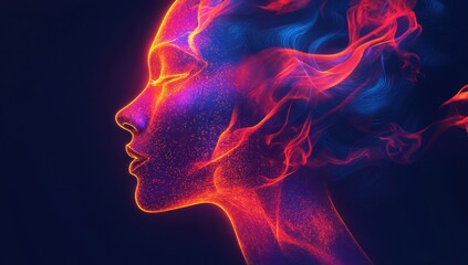 Poster - Ethereal Woman Silhouette with Colorful Flames and Vibrant Glow, Artistic Representation of Fantasy and Beauty in Digital Art