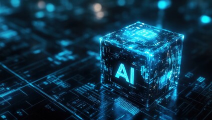 Aufkleber - Futuristic 3D Cube with AI Text Surrounded by Glowing Circuit Patterns and Digital Data Representations in Blue Colors