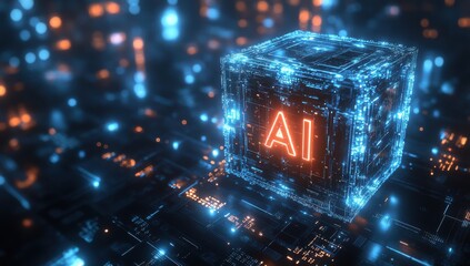 Poster - Futuristic 3D illustration of a glowing AI data cube surrounded by a matrix of digital circuits and vibrant neon lights representing technology and innovation