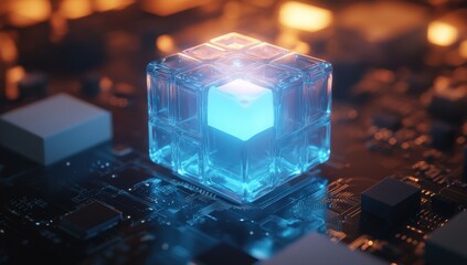Poster - Futuristic Abstract Digital Cube on Circuit Board with Glowing Blue Light in a High-Tech Environment for Technology Concepts and Innovations