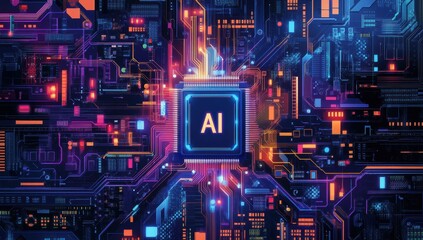 Poster - Futuristic Abstract Digital Background Featuring Circuit Board Design and Central AI Processor in Vibrant Colors and Glowing Lights for Technology Concepts