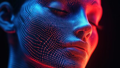 Poster - Futuristic Abstract Portrait of a Human Figure with Neon Lines and Dots Creating a Mesh Pattern Against a Dark Background