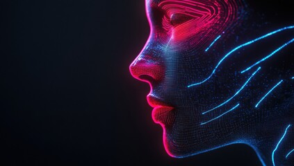 Poster - Futuristic Abstract Profile of a Woman with Neon Lines and Digital Patterns in a Dark Background Creating a Tech Inspired Artwork