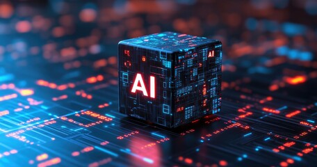 Aufkleber - Futuristic AI Cube Surrounded by Dynamic Data Patterns, Illuminated with Red and Blue Light in a Technological Digital Environment