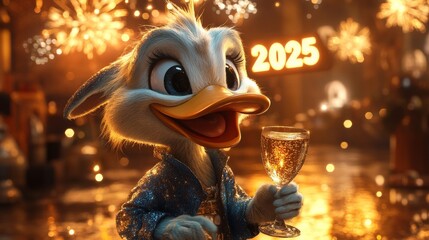 Leinwandbilder - A Festive Duckling Celebrates the New Year 2025 with Sparkling Champagne Under a Fireworks Display