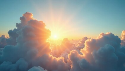 Wall Mural - Morning sun peeking from behind puffy white clouds, peek, rays, warm