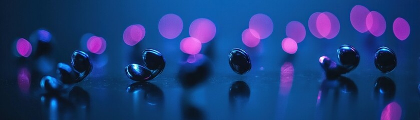 Dark spheres reflecting light, bokeh background, abstract design