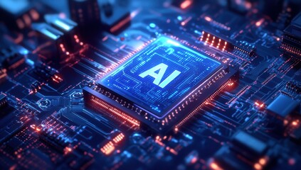 Poster - Futuristic Blue AI Chip on Circuit Board Surrounded by Microchips and Electronic Components in a High-Tech Digital Landscape
