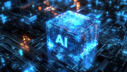 Poster - Futuristic Blue AI Cube Surrounded by Digital Circuitry with Glowing Elements on a Dark Background for Technology and Innovation Themes