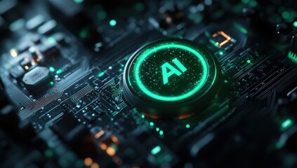 Poster - Futuristic Circuit Board Close-Up with Glowing AI Symbol Representing Artificial Intelligence Technology in Modern Electronics