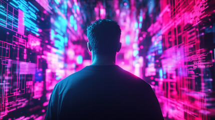 Neon Pink Blue Digital Code Man Back View Futuristic Technology Abstract Background Data Glow Style 
