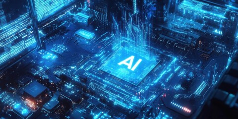 Aufkleber - Futuristic Circuit Board with AI Technology and Neon Lights in a High-Tech Digital Environment