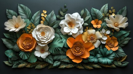 Aufkleber - A Luxurious Arrangement of Exquisite Paper Flowers:  A Masterpiece of 3D Floral Art in Warm Autumnal Hues and Deep Emerald Greens