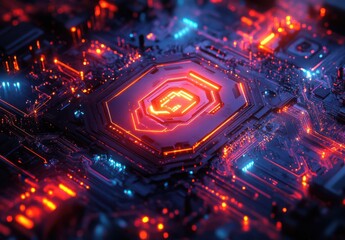 Aufkleber - Futuristic circuit board with glowing lights showcasing technology, innovation, and digital design in vibrant colors and intricate patterns