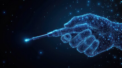 Poster - Glowing hand holding futuristic tool.