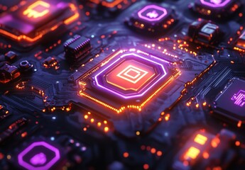 Poster - Futuristic circuit board with glowing nodes and intricate designs showcasing advanced technology and digital innovation in a vibrant neon color scheme