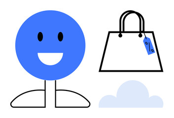 Wall Mural - Blue happy face figure standing next to a shopping bag with price tag, cloud shape underneath. Ideal for shopping, sales, retail, e-commerce, happy customer, marketing consumerism. Abstract line