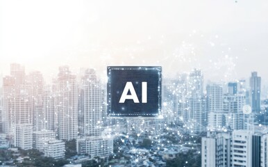 Poster - Futuristic city skyline with artificial intelligence concept featuring glowing AI symbol and sparkling digital elements in urban landscape