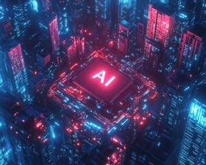 Poster - Futuristic Cityscape with AI Chip Surrounded by Neon Lights in a High-Tech Urban Environment Ideal for Technology and Innovation Illustrations