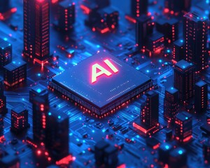 Poster - Futuristic Cityscape with AI Technology Chip Illuminated by Neon Lights in a High-Tech Digital Environment