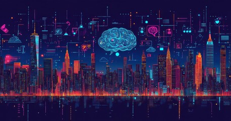Poster - Futuristic Cityscape with Digital Elements Representing Connectivity and Technology Against a Deep Blue Background
