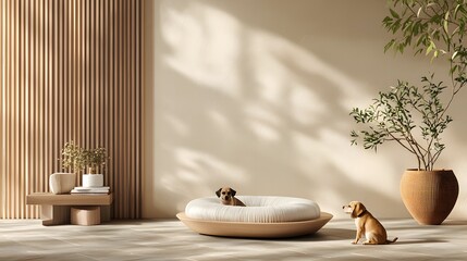 Poster - a cozy and inviting modern minimalist living room with natural elements such as a potted plant woode