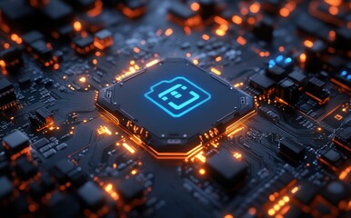 Poster - Futuristic Close-Up of a Microprocessor with Glowing Circuitry and Neon Design in a High-Tech Digital Setting