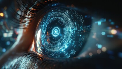 Poster - Futuristic Close-Up of an Eye with Abstract Digital Patterns and Glowing Circuit Designs for Vision Technology Concepts