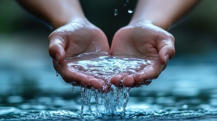 Poster - water being poured into hands, symbolizing purity and connection to nature, evoking peace and tranqu