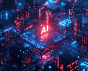 Poster - Futuristic depiction of artificial intelligence technology within a digital cityscape featuring glowing circuits and vibrant neon colors