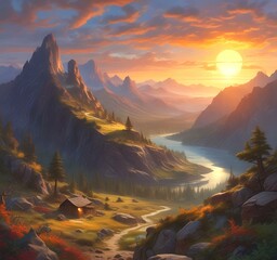 Illustration of fantasy scenic landscape.