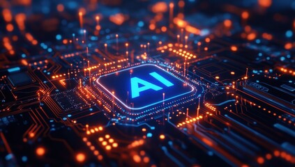 Poster - Futuristic Digital Circuit Board Featuring AI Icon with Glowing Lights, Representing Advanced Technology and Artificial Intelligence Innovations