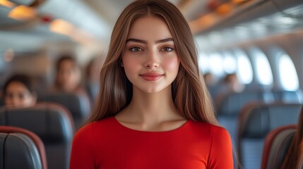 Poster - A Stunning Young Woman in a Red Dress Aboard an Airplane, Traveling in Style and Comfort.