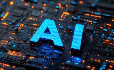 Aufkleber - Futuristic digital circuit board with glowing blue AI text, representing advanced technology and innovation in artificial intelligence development