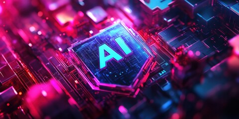 Aufkleber - Futuristic Digital Circuit with AI Symbol in Neon Colors Representing Artificial Intelligence Technology and Innovations in Computing and Networking