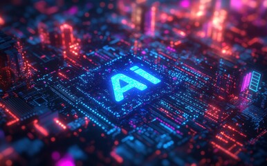 Aufkleber - Futuristic Digital Circuit with Blue and Pink Neon Lights Highlighting AI Concept on a Technology Background