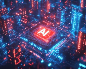 Poster - Futuristic Digital Cityscape Featuring Circuit Board with Bright Neon Lights and AI Symbol Representing Advanced Technology and Innovation Concepts