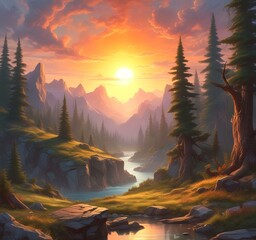 Illustration of fantasy scenic landscape.