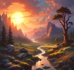 Illustration of fantasy scenic landscape.