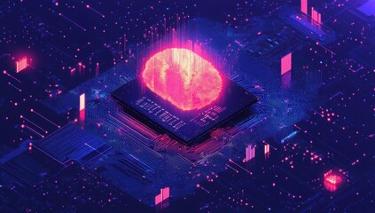 Poster - Futuristic Digital Cityscape with Circuit Board Elements and Neon Lights Representing Technology and Innovation in a Cyberpunk Aesthetic