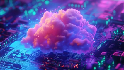 Poster - Futuristic Digital Cloud Floating Above Circuit Board, Vibrant Neon Colors Emphasizing Technology, Innovation, and Connectivity in a Virtual World